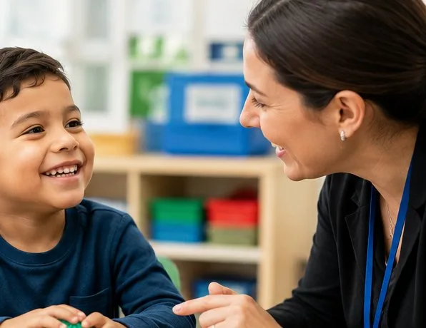 A school staff member talking with a smiling student