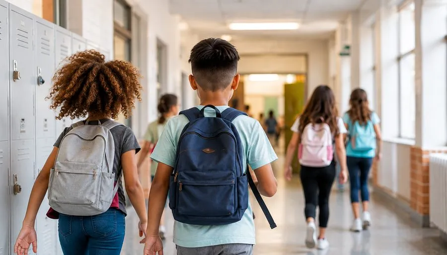 Students walking down a school hallway